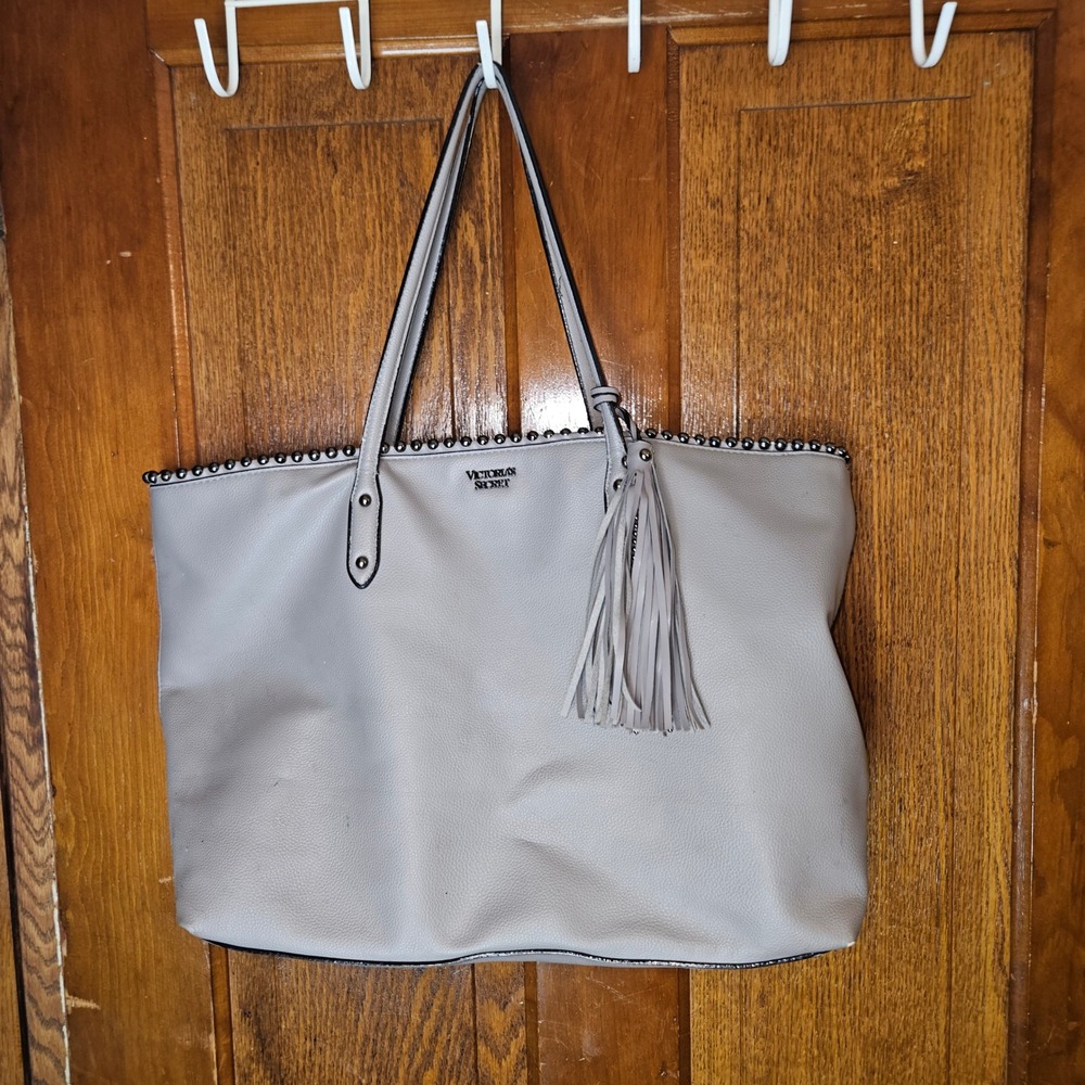Victoria's Secret Tote Bag Women Large Gray Studded Tassel Faux Leather Love VS